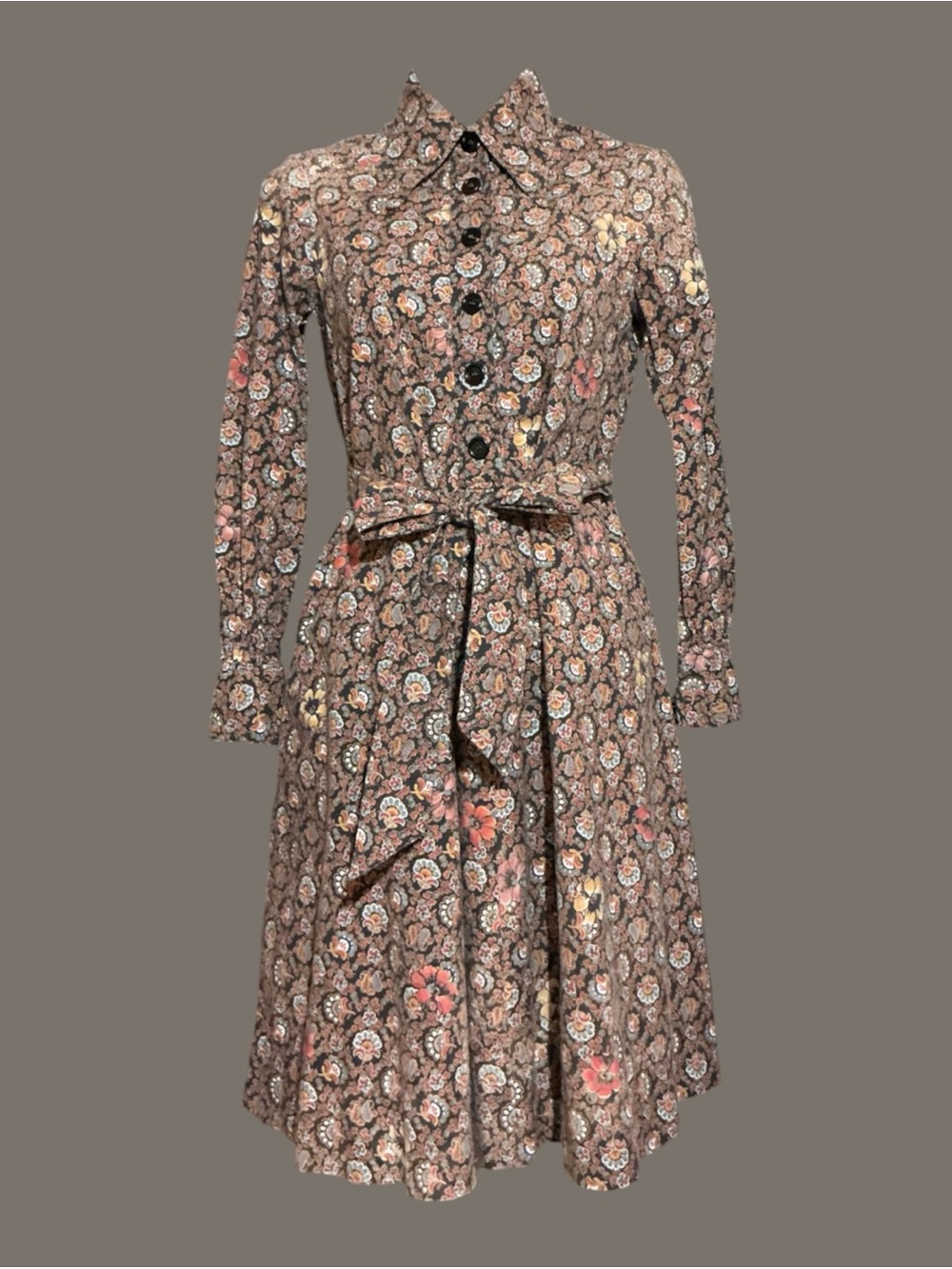 Vintage 70s P.J. Walsh New York Paisley Floral Belted Shirt Dress XS S